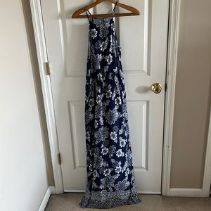 She & Sky Navy Blue & White Floral Thin Strap Maxi Dress With Keyhole Back Sz Sm
